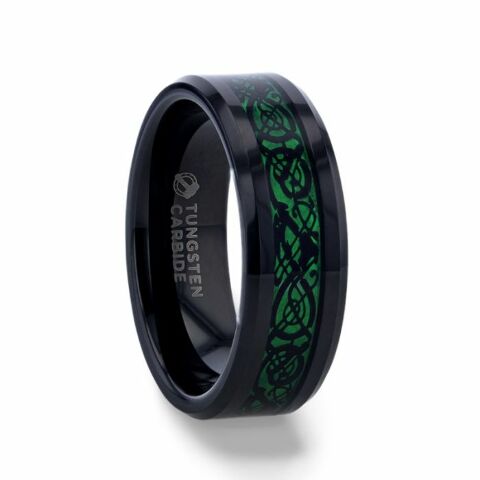 Mens Black Tungsten Green Background Inlaid Black Dragon Design Wedding Ring - Beveled Comfort Fit - 8mm Wide - Style name: ALLURE