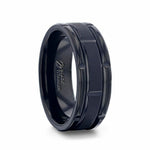 Load image into Gallery viewer, Mens Black Titanium Alternating Grooved Horizontal Etched Finish Wedding Ring - Beveled Polished Comfort Fit - 8mm Wide - Style name: WYNN
