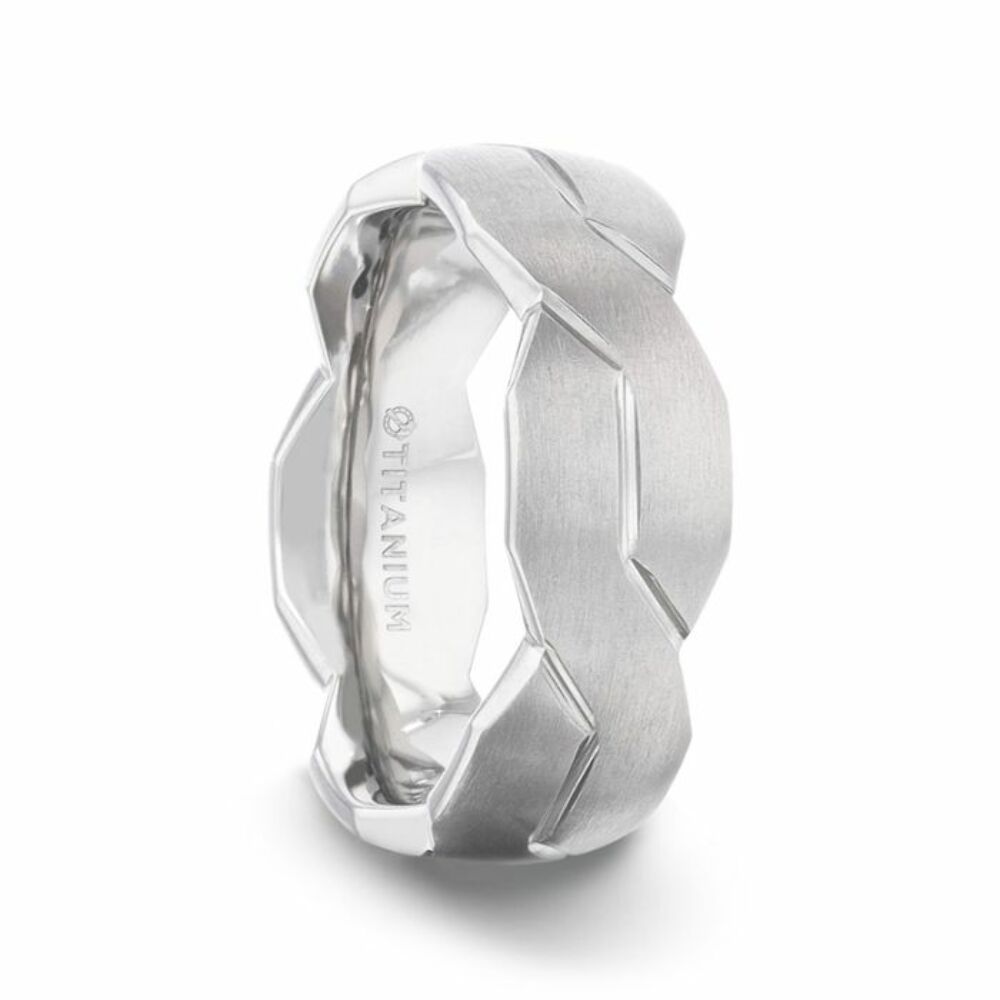 Mens Titanium Interlocking Infinity Symbol Flat Brushed Wedding Ring - Polished Grooves Comfort Fit - 8mm Wide - Style name: ENDURE