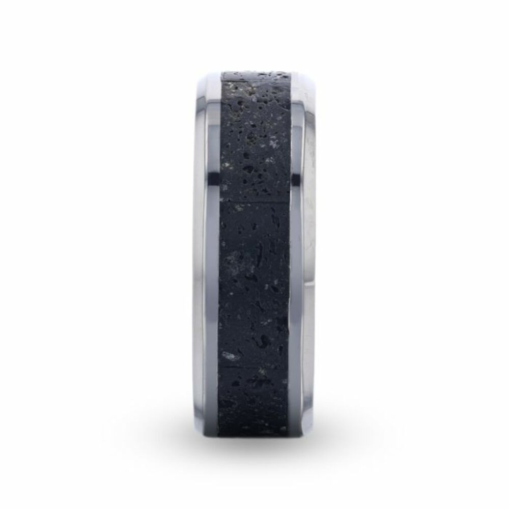 Mens Titanium Black And Gray Lava Inlaid Wedding Ring - Polished Beveled Comfort Fit - 8mm Wide - Style name: MAUNA