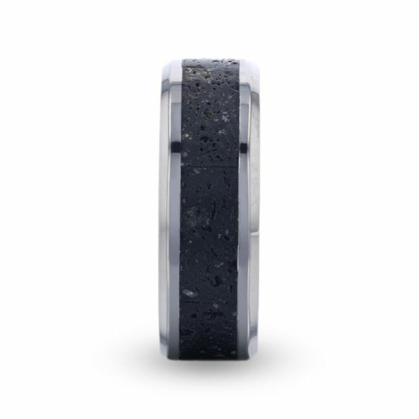 Mens Titanium Black And Gray Lava Inlaid Wedding Ring - Polished Beveled Comfort Fit - 8mm Wide - Style name: MAUNA