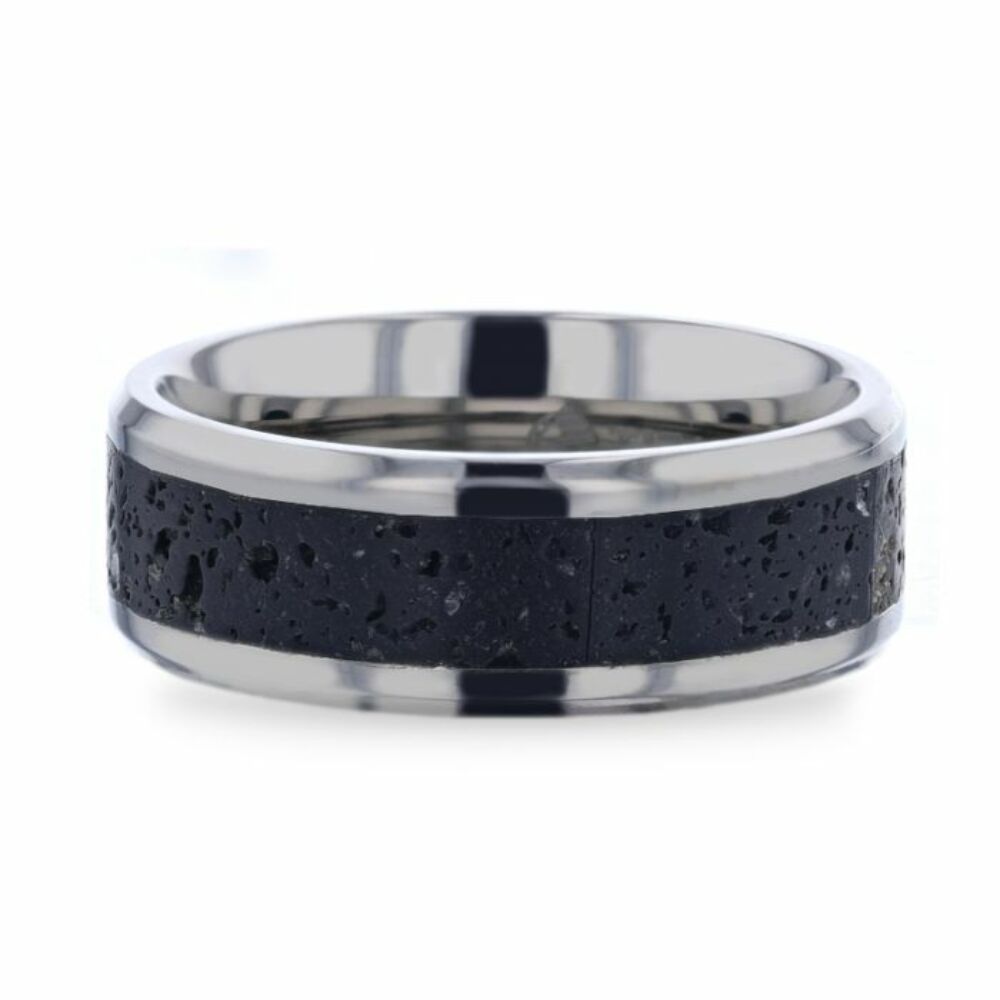 Mens Titanium Black And Gray Lava Inlaid Wedding Ring - Polished Beveled Comfort Fit - 8mm Wide - Style name: MAUNA