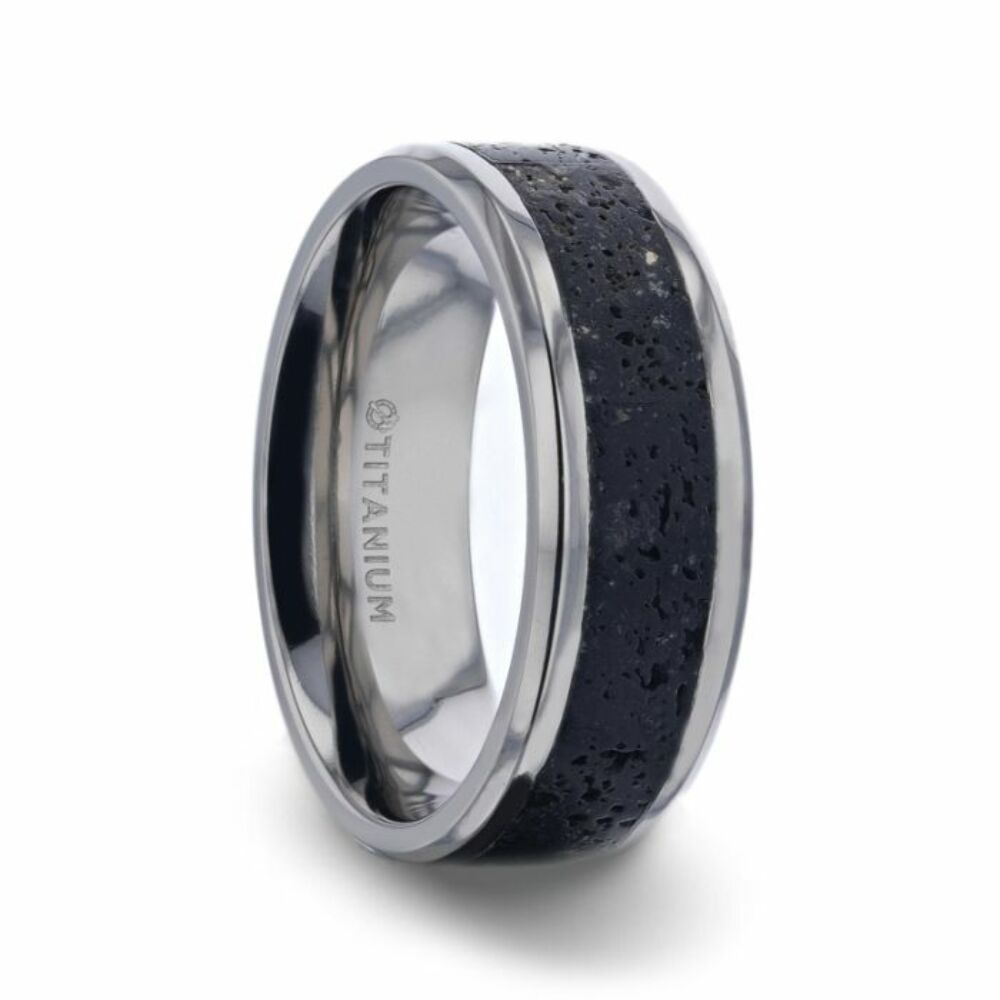 Mens Titanium Black And Gray Lava Inlaid Wedding Ring - Polished Beveled Comfort Fit - 8mm Wide - Style name: MAUNA