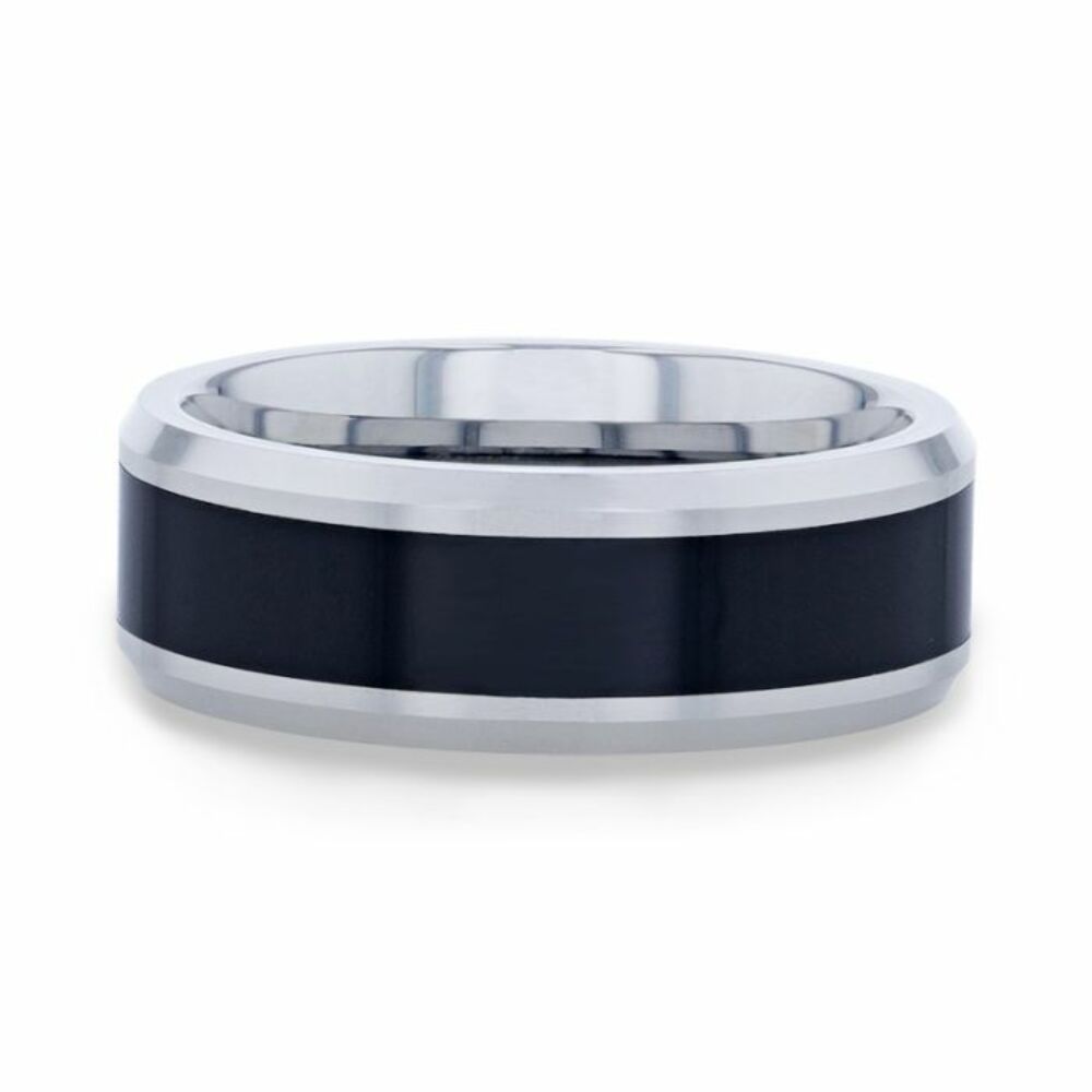 Mens Tungsten Polished Beveled Black Ceramic Inlaid Wedding Ring - 8mm Wide - Style name: HAWK