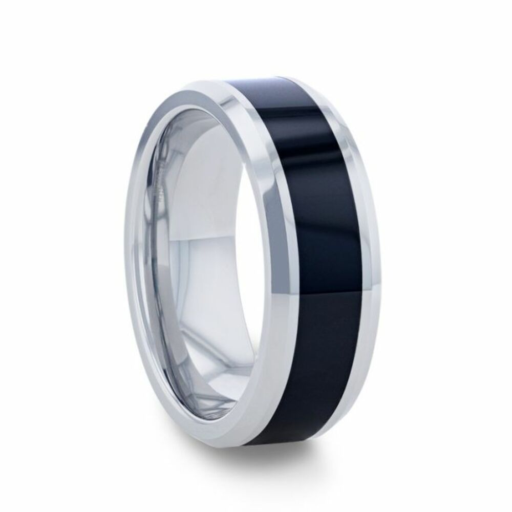 Mens Tungsten Polished Beveled Black Ceramic Inlaid Wedding Ring - 8mm Wide - Style name: HAWK