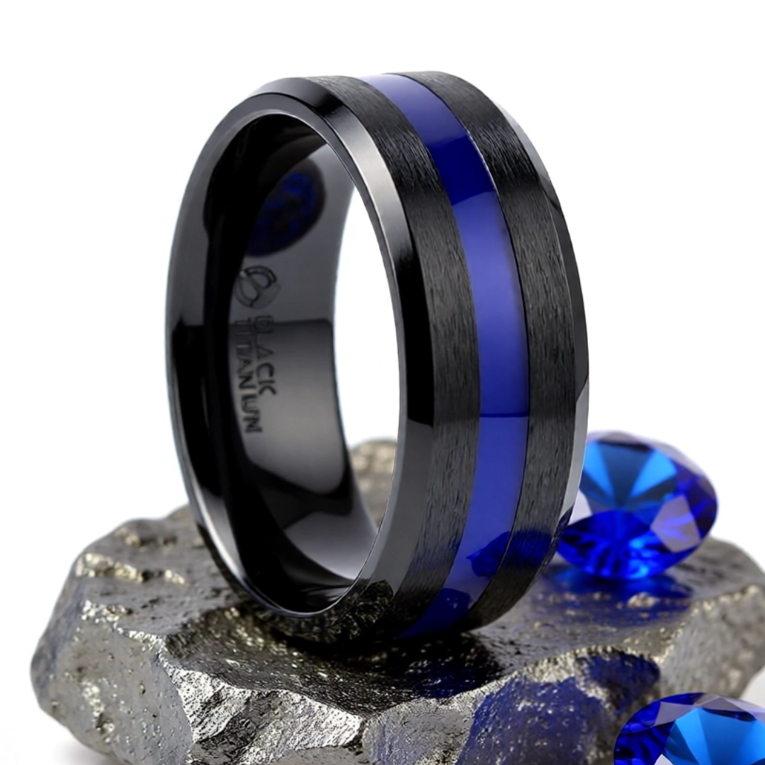 Mens Black Titanium Blue Stripe Inlaid Brushed Finish Center Polished Beveled Edges Wedding Ring - Beveled Comfort Fit - 8mm Wide - Style name: JACKSEN