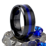 Load image into Gallery viewer, Mens Black Titanium Blue Stripe Inlaid Brushed Finish Center Polished Beveled Edges Wedding Ring - Beveled Comfort Fit - 8mm Wide - Style name: JACKSEN
