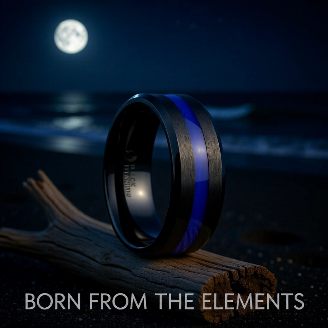 Mens Black Titanium Blue Stripe Inlaid Brushed Finish Center Polished Beveled Edges Wedding Ring - Beveled Comfort Fit - 8mm Wide - Style name: JACKSEN