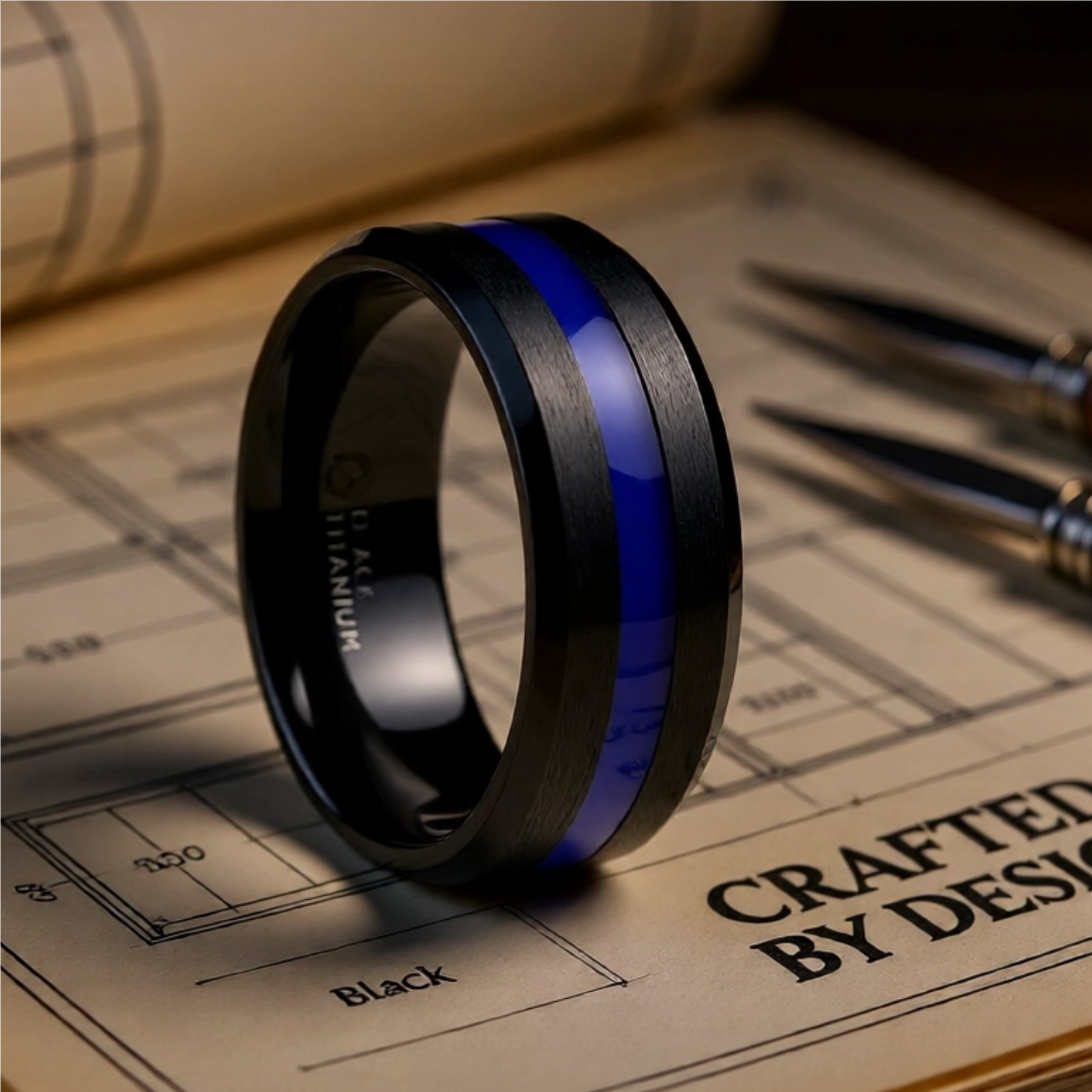 Mens Black Titanium Blue Stripe Inlaid Brushed Finish Center Polished Beveled Edges Wedding Ring - Beveled Comfort Fit - 8mm Wide - Style name: JACKSEN