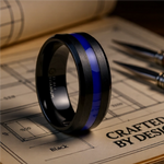 Load image into Gallery viewer, Mens Black Titanium Blue Stripe Inlaid Brushed Finish Center Polished Beveled Edges Wedding Ring - Beveled Comfort Fit - 8mm Wide - Style name: JACKSEN

