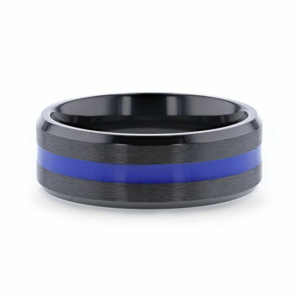 Mens Black Titanium Blue Stripe Inlaid Brushed Finish Center Polished Beveled Edges Wedding Ring - Beveled Comfort Fit - 8mm Wide - Style name: JACKSEN