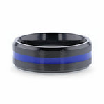 Load image into Gallery viewer, Mens Black Titanium Blue Stripe Inlaid Brushed Finish Center Polished Beveled Edges Wedding Ring - Beveled Comfort Fit - 8mm Wide - Style name: JACKSEN
