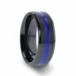 Load image into Gallery viewer, Mens Black Titanium Blue Stripe Inlaid Brushed Finish Center Polished Beveled Edges Wedding Ring - Beveled Comfort Fit - 8mm Wide - Style name: JACKSEN
