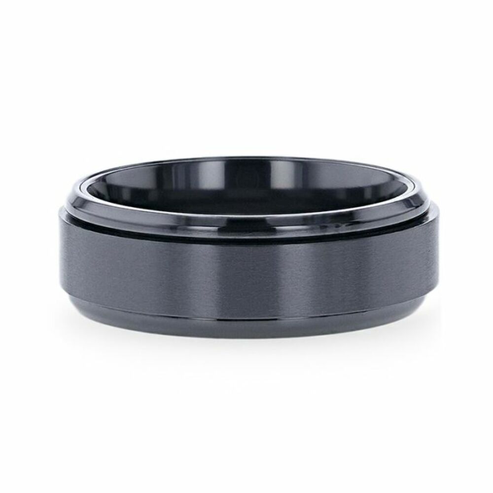 Mens Black Titanium Spinning Polished Base Wedding Ring - Brushed Center Comfort Fit - 8mm Wide - Style name: PHANTOM