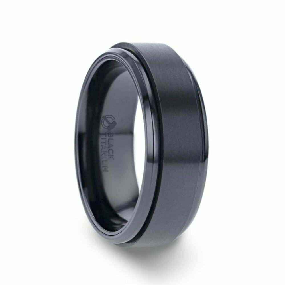 Mens Black Titanium Spinning Polished Base Wedding Ring - Brushed Center Comfort Fit - 8mm Wide - Style name: PHANTOM