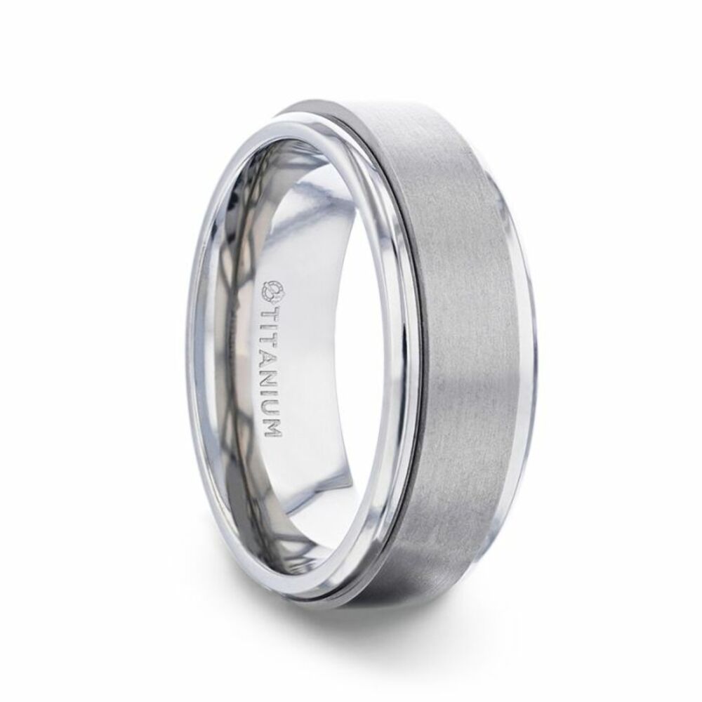Mens Titanium Spinning Brushed Center Wedding Ring - Polished Beveled Comfort Fit - 8mm Wide - Style name: REBELLION