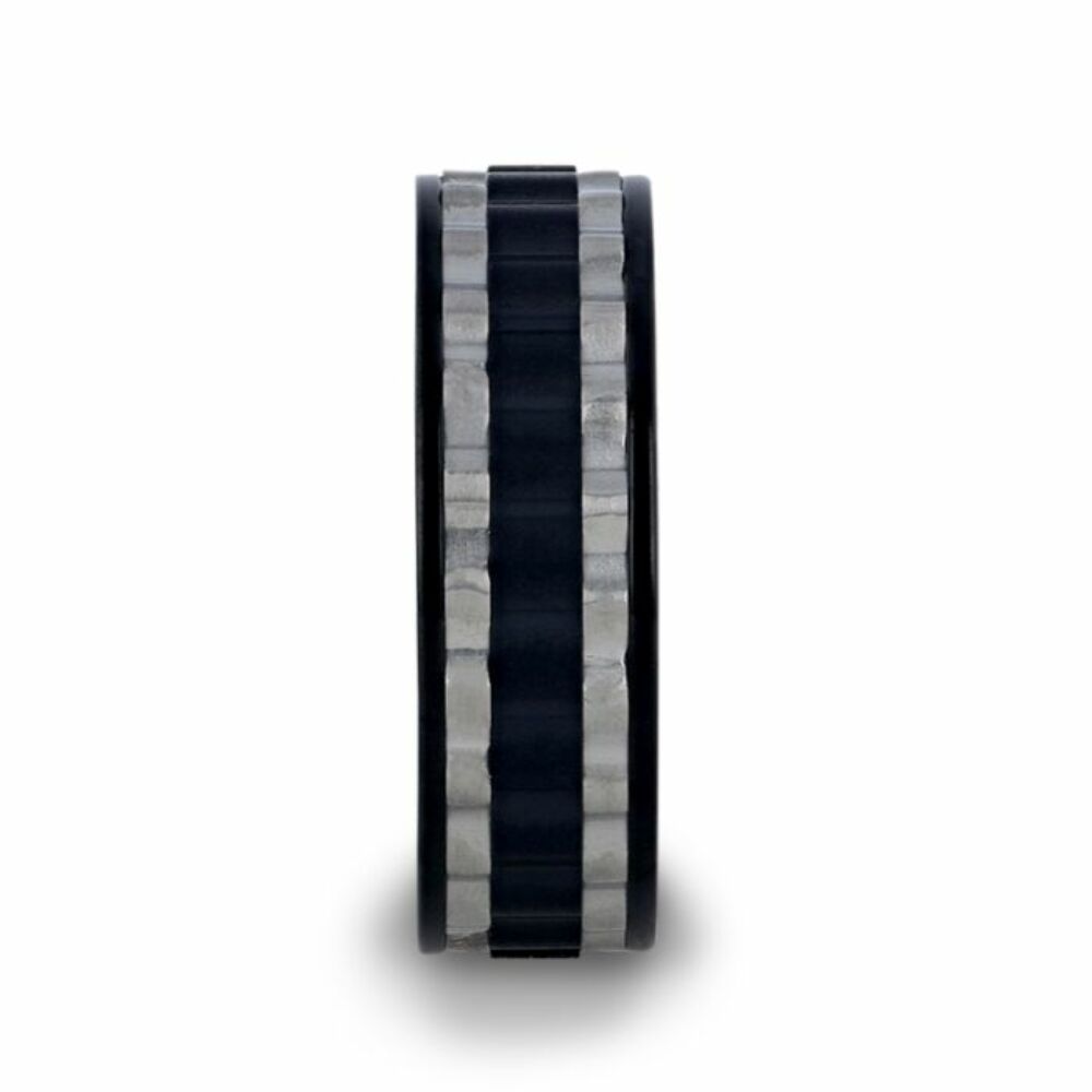 Mens Titanium Two Toned Wavy Centered Brushed Black Flat Polished Wedding Ring - 8mm Wide - Style name: GEAR