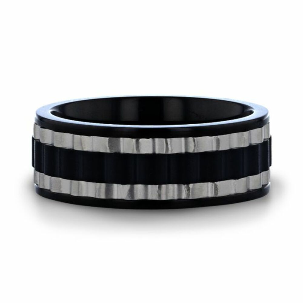Mens Titanium Two Toned Wavy Centered Brushed Black Flat Polished Wedding Ring - 8mm Wide - Style name: GEAR