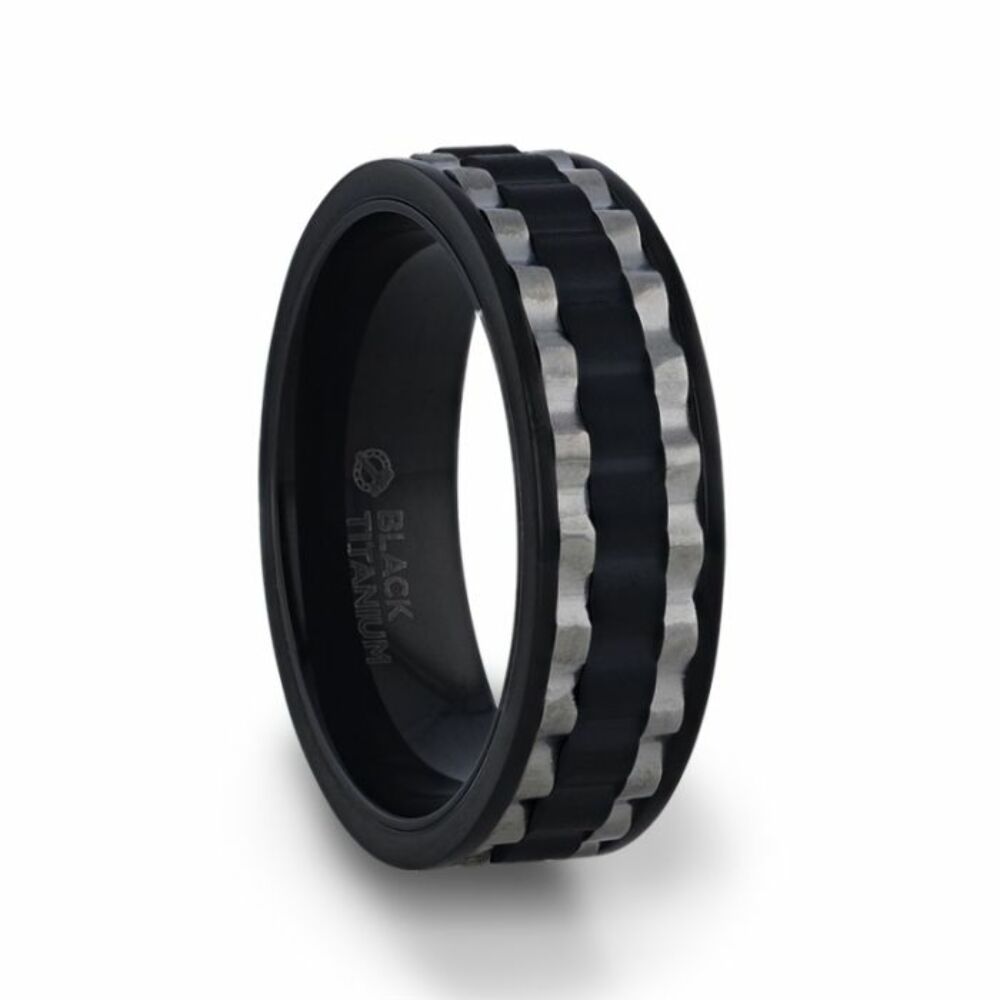 Mens Titanium Two Toned Wavy Centered Brushed Black Flat Polished Wedding Ring - 8mm Wide - Style name: GEAR