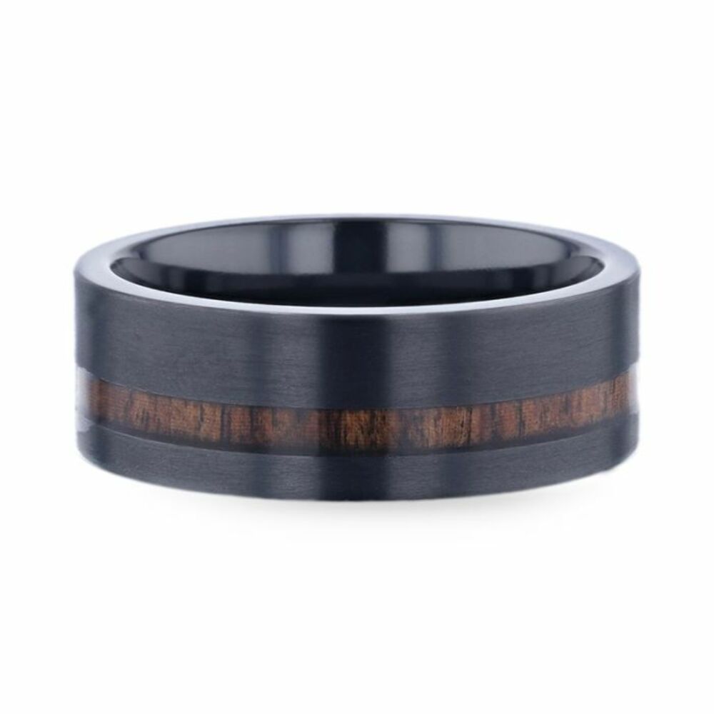 Mens Titanium Off-Set Koa Wood Inlaid Black Wedding Ring - Flat Polished Comfort Fit - 8mm Wide - Style name: DARING