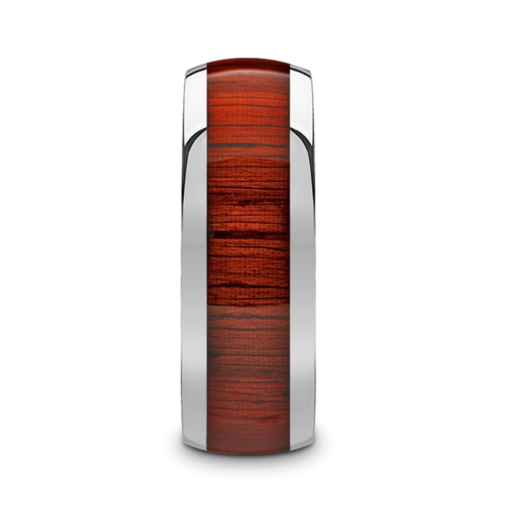 Mens Tungsten Carbide Padauk Wood Inlay Domed Wedding Ring - Polished Finish Comfort Fit - 8mm Wide - Style name: MUKWA