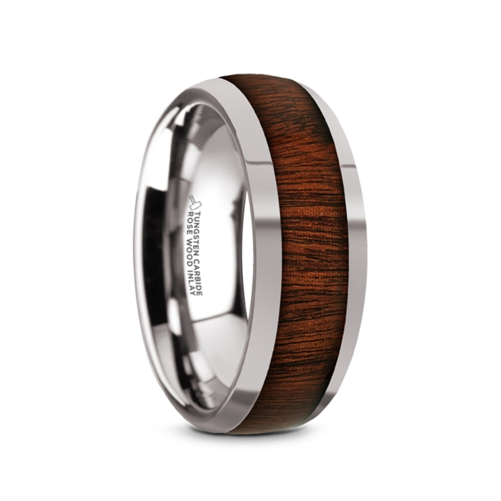 Mens Tungsten Carbide Rosewood Inlay Domed Wedding Ring - Polished Finish Comfort Fit - 8mm Wide - Style name: DALBERG