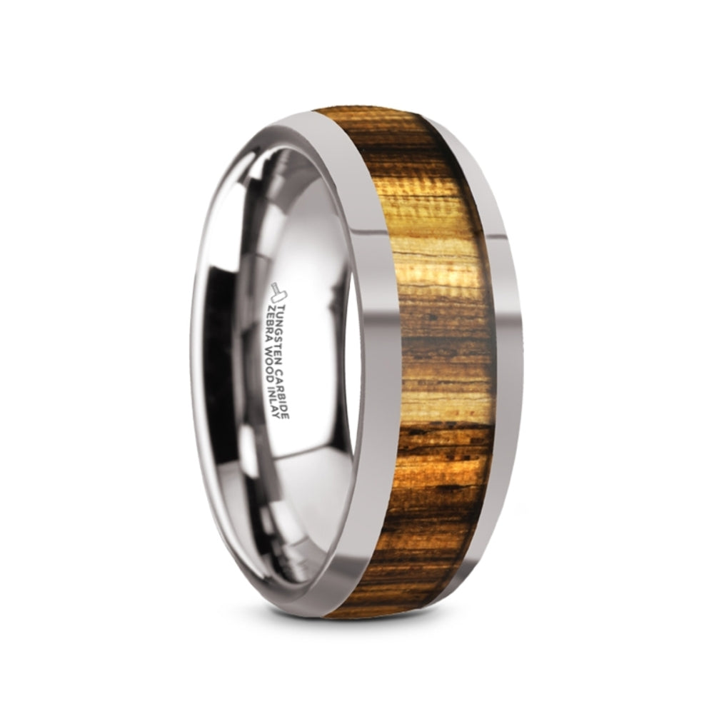Mens Tungsten Carbide Zebra Wood Inlay Wedding Ring - Polished Domed Comfort Fit - 8mm Wide - Style name: TIGRE