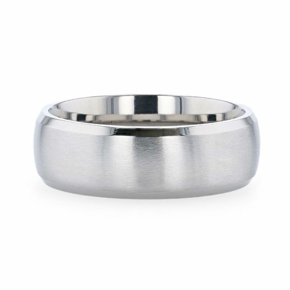 Mens Titanium Chrome-Plated Domed Brushed Center Wedding Ring - Polished Beveled Comfort Fit - 8mm Wide - Style name: DUSTIN