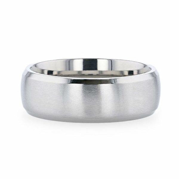 Mens Titanium Chrome-Plated Domed Brushed Center Wedding Ring - Polished Beveled Comfort Fit - 8mm Wide - Style name: DUSTIN
