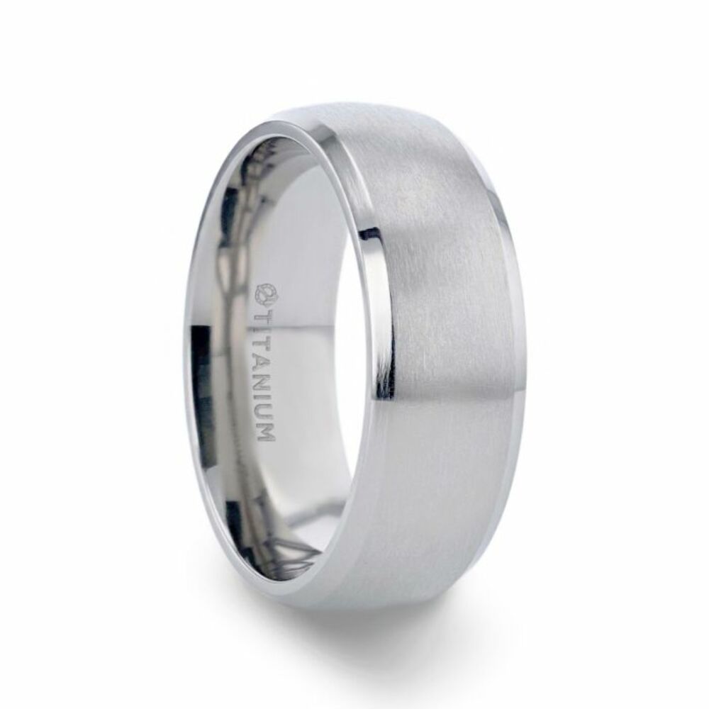 Mens Titanium Chrome-Plated Domed Brushed Center Wedding Ring - Polished Beveled Comfort Fit - 8mm Wide - Style name: DUSTIN