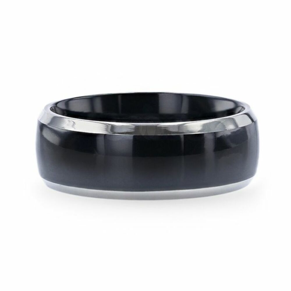 Mens Black Titanium Domed Wedding Ring - Beveled Polished Comfort Fit - 8mm Wide - Style name: SALEEN