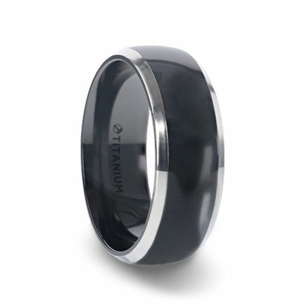 Mens Black Titanium Domed Wedding Ring - Beveled Polished Comfort Fit - 8mm Wide - Style name: SALEEN