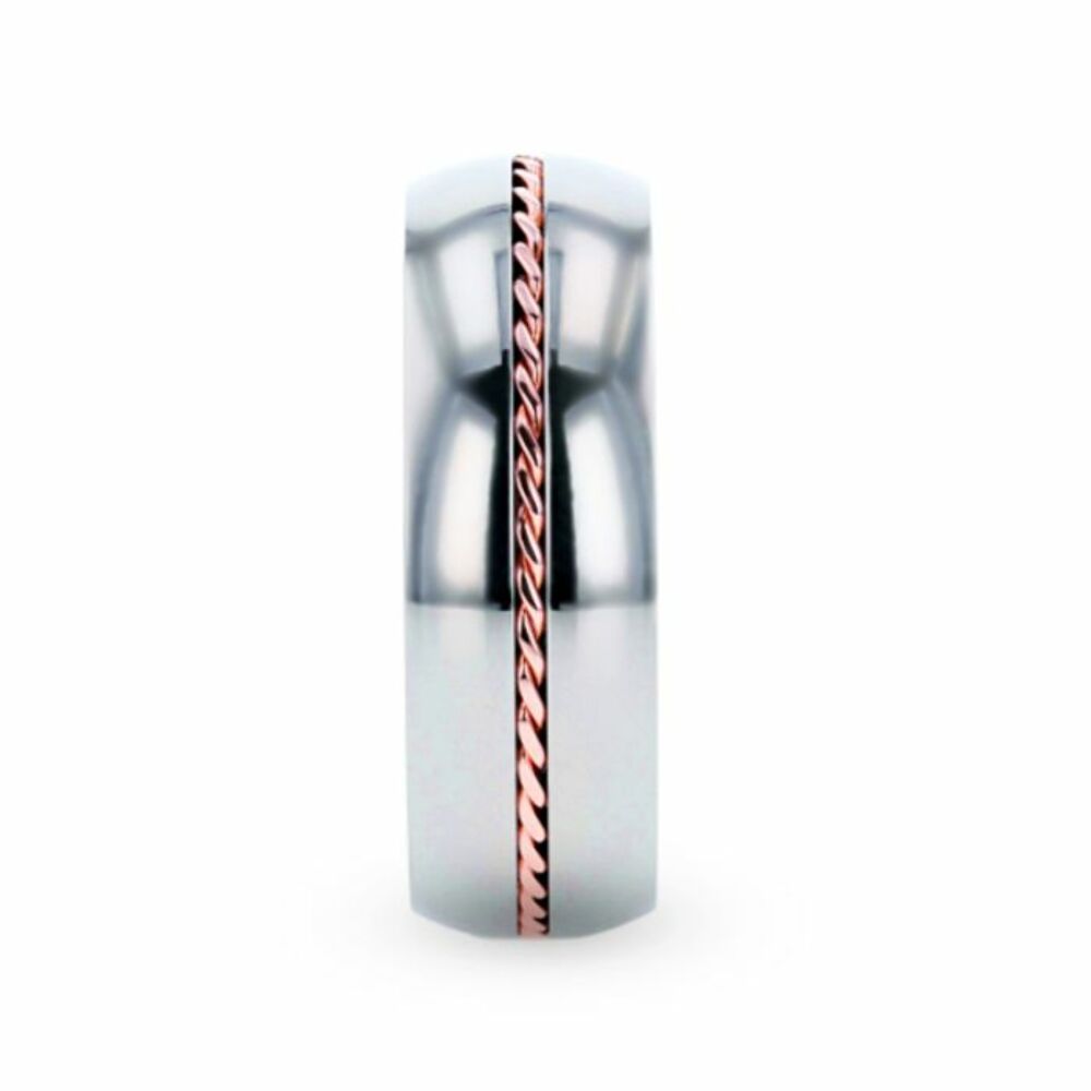Mens Titanium 14k Rose Gold Braided Inlay Wedding Ring - Polished Domed Comfort Fit - 8mm Wide - Style name: CONDUCTOR