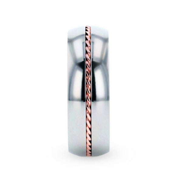 Mens Titanium 14k Rose Gold Braided Inlay Wedding Ring - Polished Domed Comfort Fit - 8mm Wide - Style name: CONDUCTOR