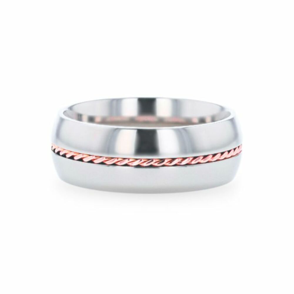 Mens Titanium 14k Rose Gold Braided Inlay Wedding Ring - Polished Domed Comfort Fit - 8mm Wide - Style name: CONDUCTOR