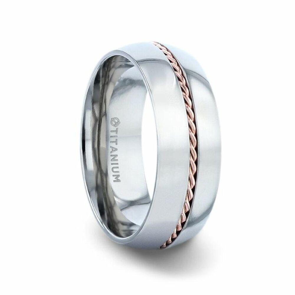 Mens Titanium 14k Rose Gold Braided Inlay Wedding Ring - Polished Domed Comfort Fit - 8mm Wide - Style name: CONDUCTOR