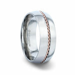 Load image into Gallery viewer, Mens Titanium 14k Rose Gold Braided Inlay Wedding Ring - Polished Domed Comfort Fit - 8mm Wide - Style name: CONDUCTOR
