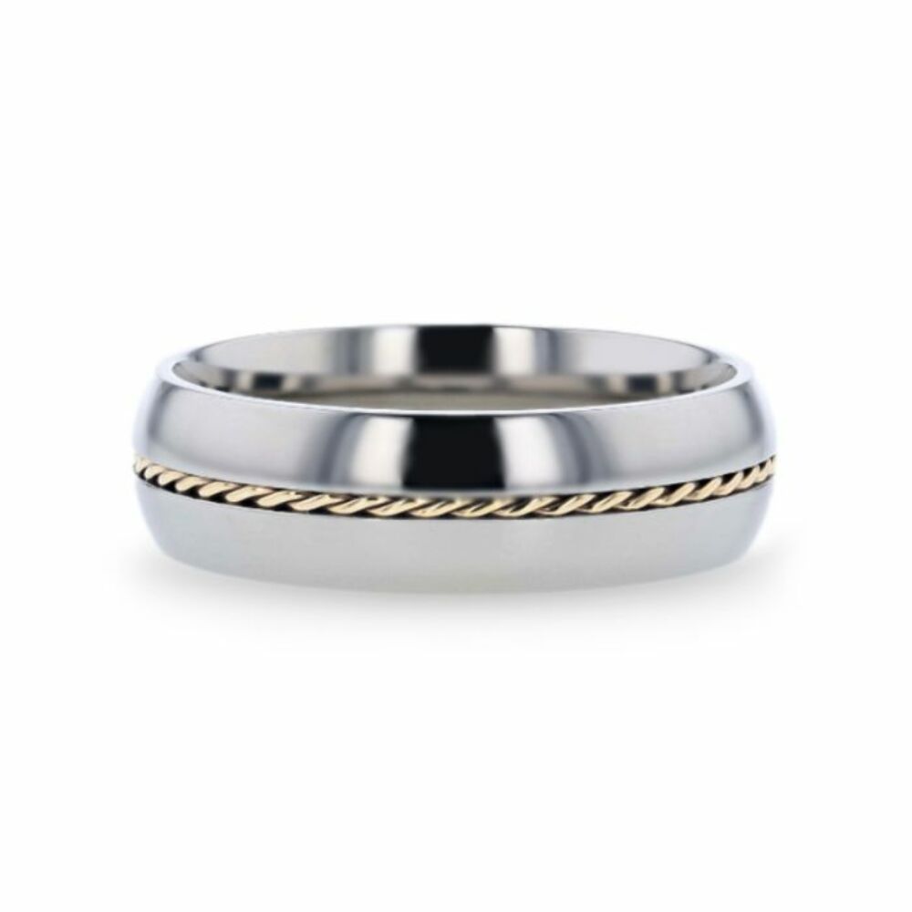 Mens Titanium 14k Yellow Gold Braided Inlay Wedding Ring - Polished Domed Comfort Fit - 8mm Wide - Style name: CHRISTIAN