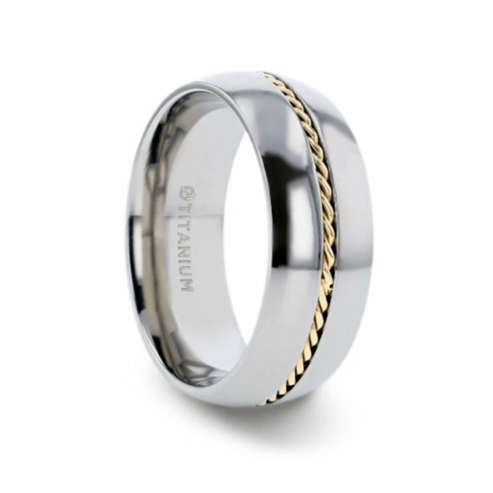 Mens Titanium 14k Yellow Gold Braided Inlay Wedding Ring - Polished Domed Comfort Fit - 8mm Wide - Style name: CHRISTIAN