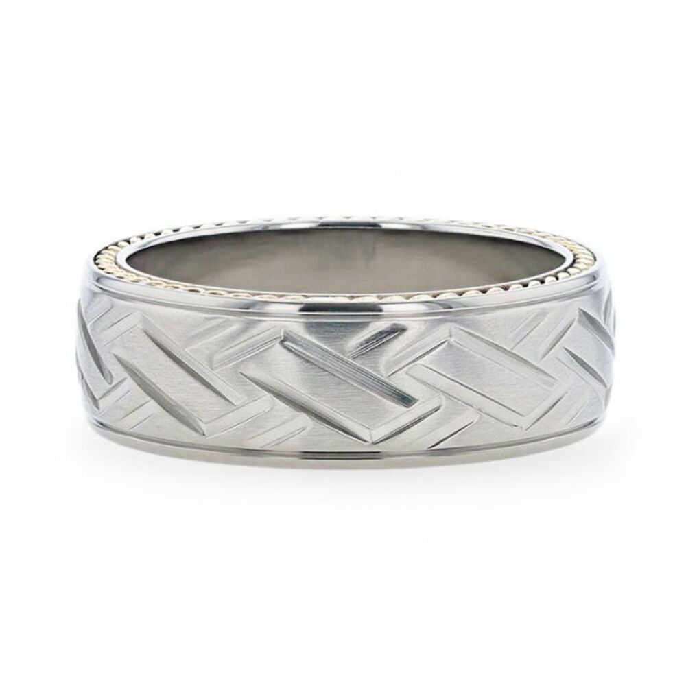 Mens Titanium Woven Pattern Yellow Gold Braided Edges Wedding Ring - Domed Comfort Fit - 8mm Wide - Style name: SATURN