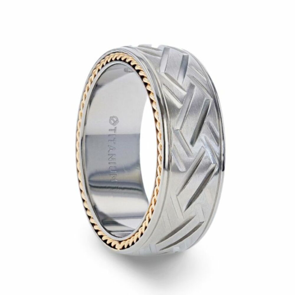 Mens Titanium Woven Pattern Yellow Gold Braided Edges Wedding Ring - Domed Comfort Fit - 8mm Wide - Style name: SATURN