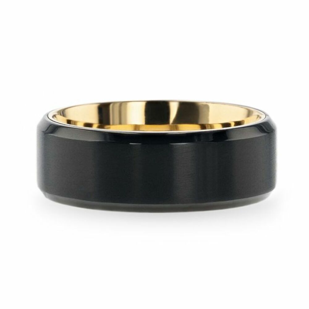 Mens Black Titanium Flat Brushed Yellow Gold Plating Interior Wedding Ring - Polished Beveled Comfort Fit - 8mm Wide - Style name: VELVET