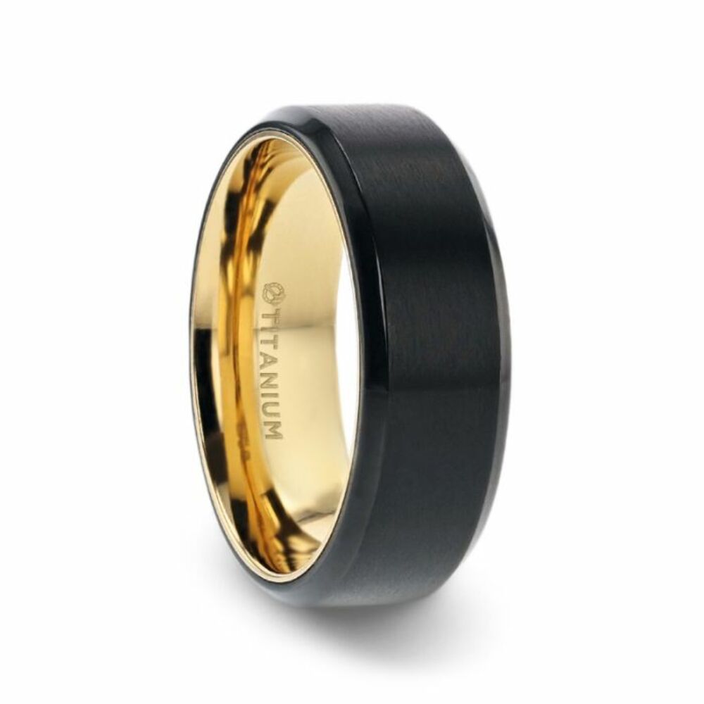 Mens Black Titanium Flat Brushed Yellow Gold Plating Interior Wedding Ring - Polished Beveled Comfort Fit - 8mm Wide - Style name: VELVET