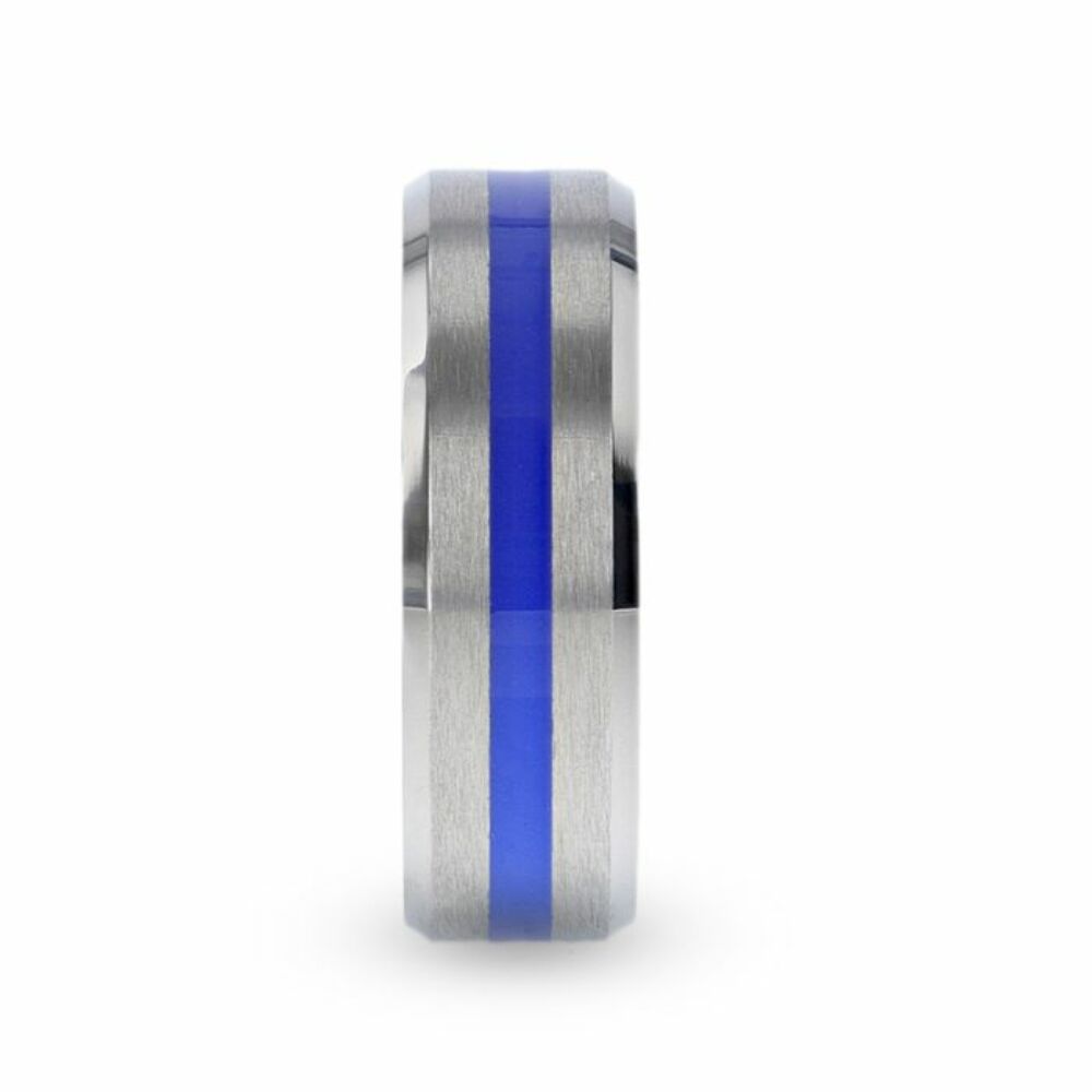 Mens Titanium Blue Stripe Inlaid Beveled Polished Edges Wedding Ring - Flat Brushed Comfort Fit - 8mm Wide - Style name: BARRY