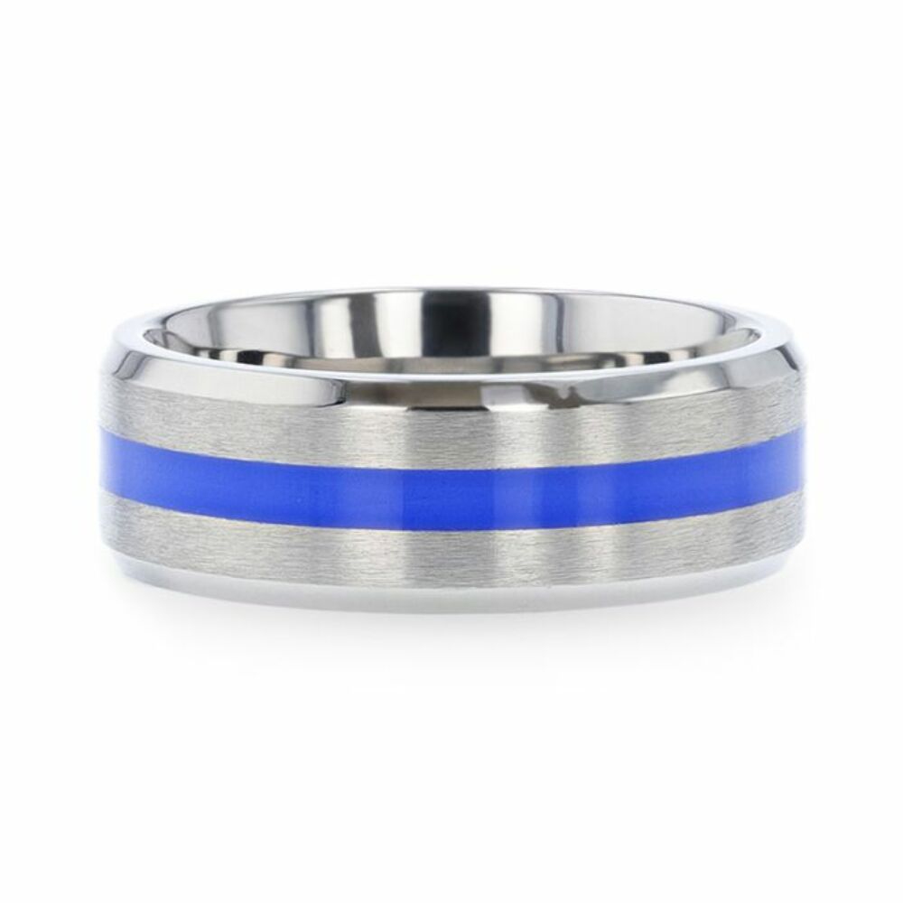Mens Titanium Blue Stripe Inlaid Beveled Polished Edges Wedding Ring - Flat Brushed Comfort Fit - 8mm Wide - Style name: BARRY