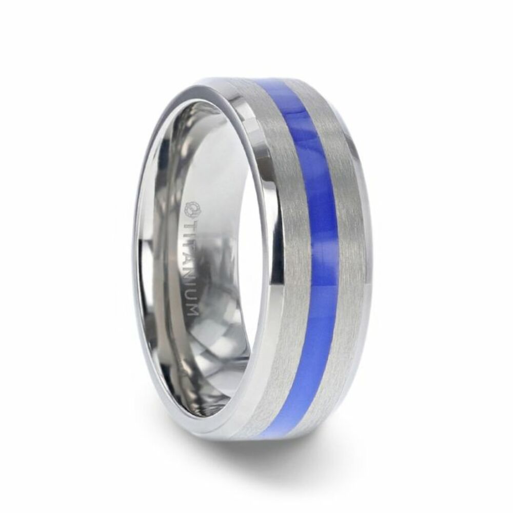 Mens Titanium Blue Stripe Inlaid Beveled Polished Edges Wedding Ring - Flat Brushed Comfort Fit - 8mm Wide - Style name: BARRY