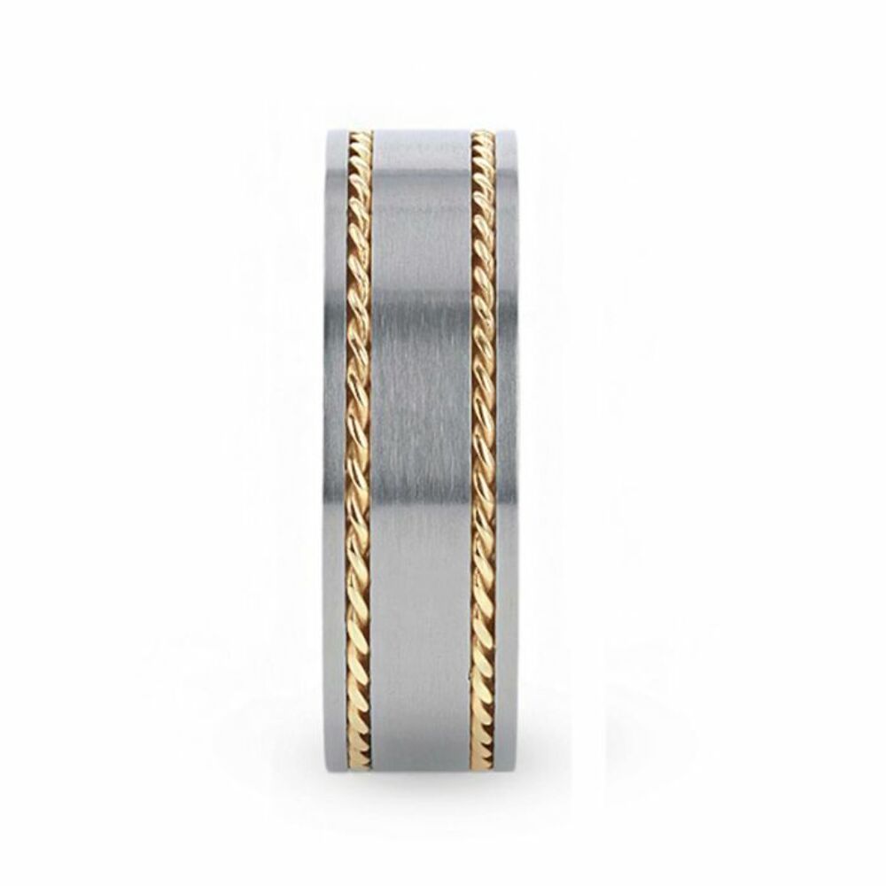 Mens Titanium 14K Yellow Gold Dual Braided Inlay Wedding Ring - Flat Brushed Comfort Fit - 8mm Wide - Style name: FERDINAND