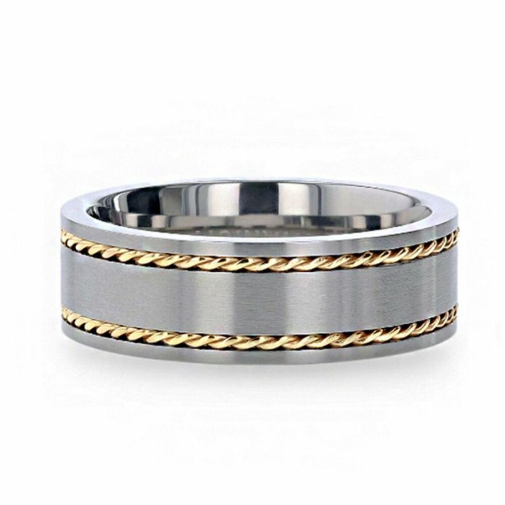 Mens Titanium 14K Yellow Gold Dual Braided Inlay Wedding Ring - Flat Brushed Comfort Fit - 8mm Wide - Style name: FERDINAND