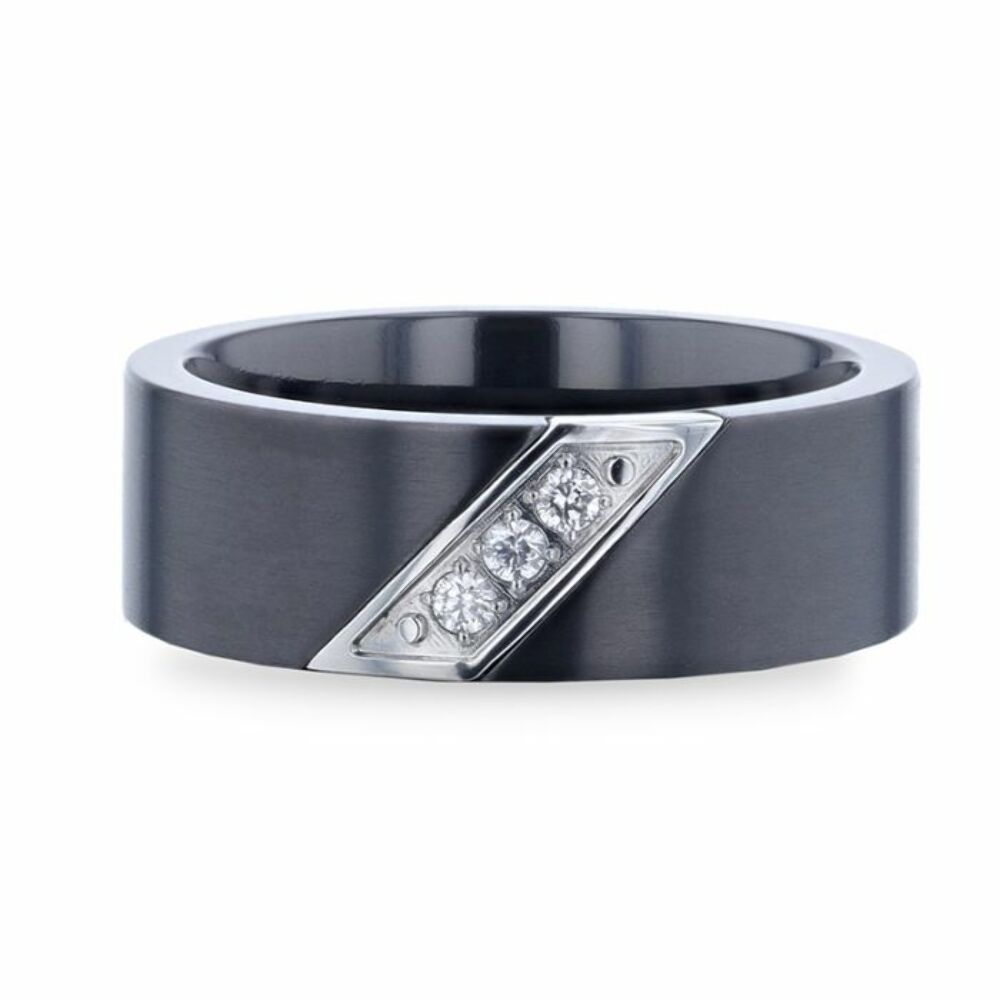 Mens Black Titanium Set Of 3 Diamonds Small Silver-Coated Diagonal Design Wedding Ring - Flat Brushed Comfort Fit - 8mm Wide - Style name: JAGUAR
