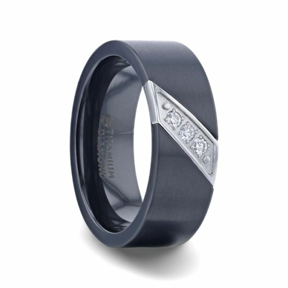 Mens Black Titanium Set Of 3 Diamonds Small Silver-Coated Diagonal Design Wedding Ring - Flat Brushed Comfort Fit - 8mm Wide - Style name: JAGUAR